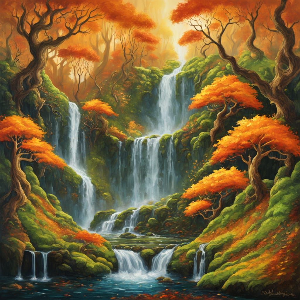 Surreal Autumn Waterfall in Vibrant Oil Painting Style