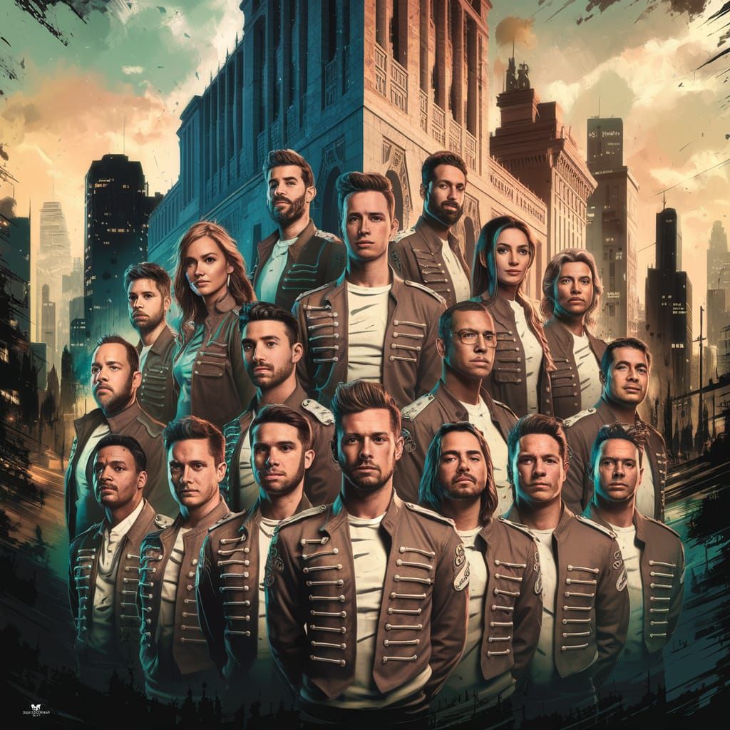 Airbrush Art of Sixteen-Member Band in Cityscape