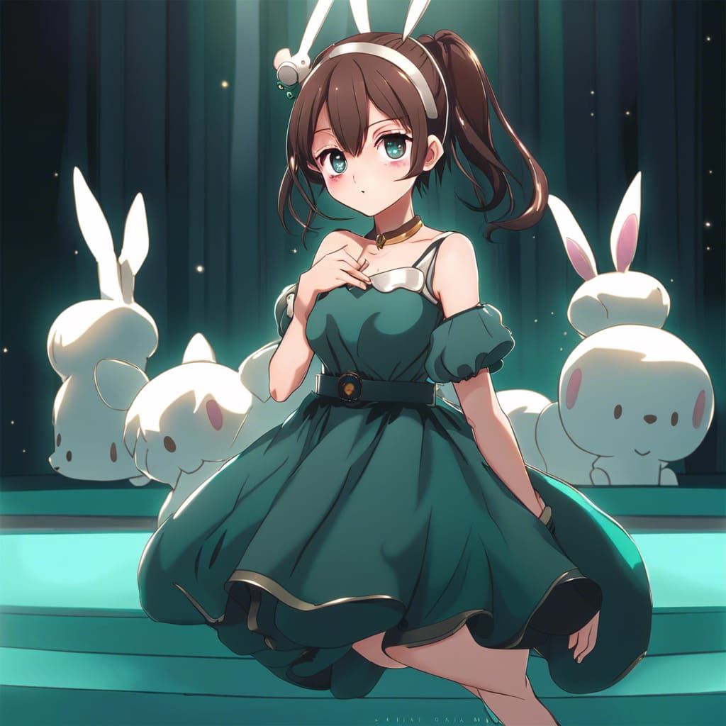 Anime Girl with Bunny Ears on Dark Stage