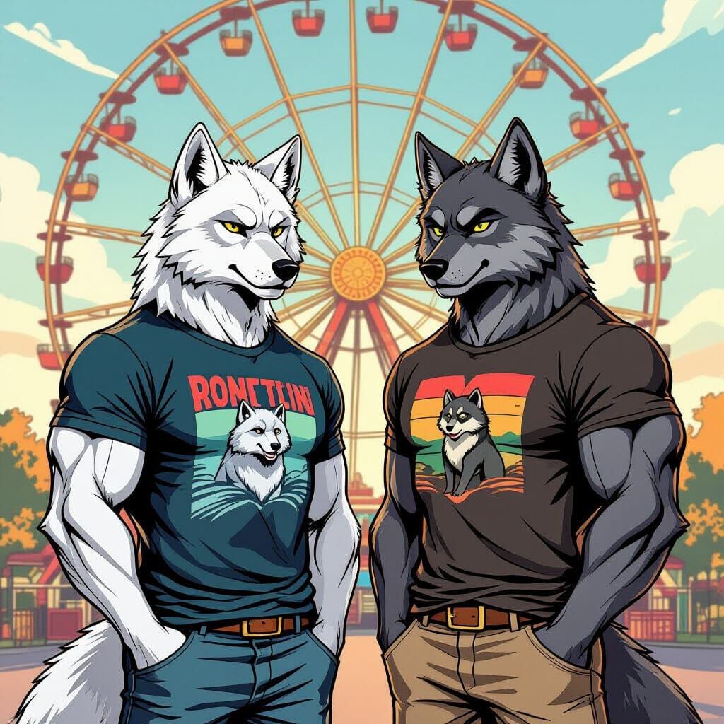 Muscular Wolves at Ferris Wheel in Comic Style