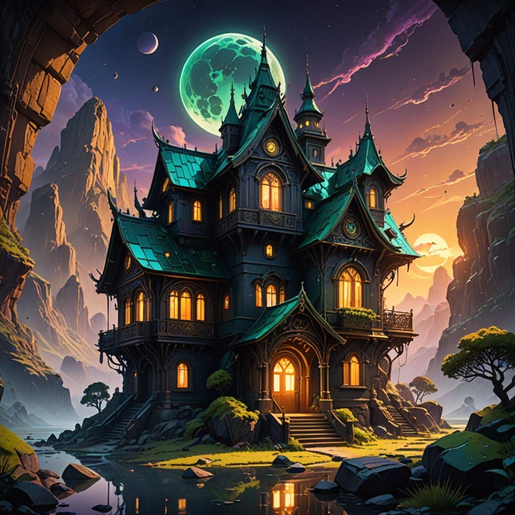 Surreal Emerald Abode in Golden Wilderness Under Twin Suns