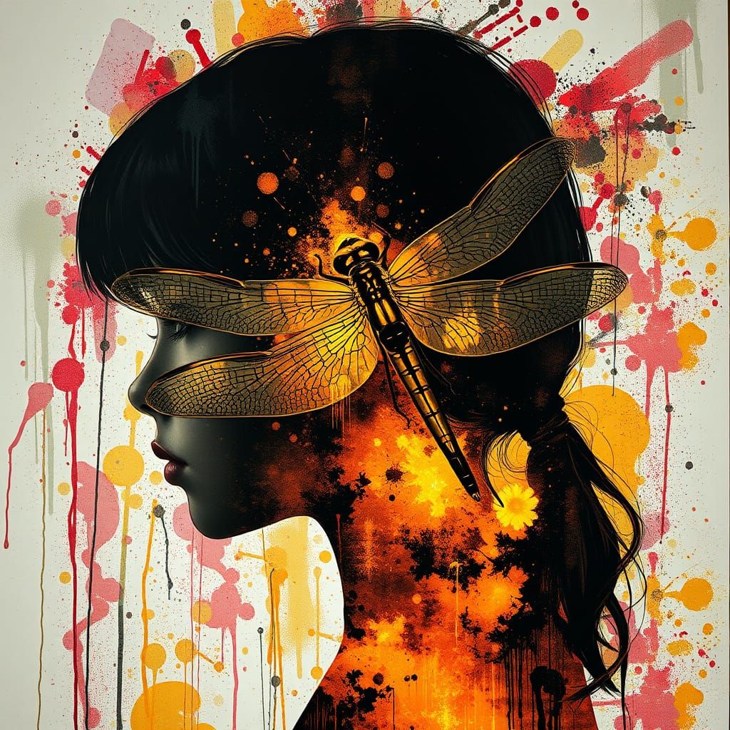 Dragonfly Silhouette Radiates from a Girl's Mind in Vibrant,...