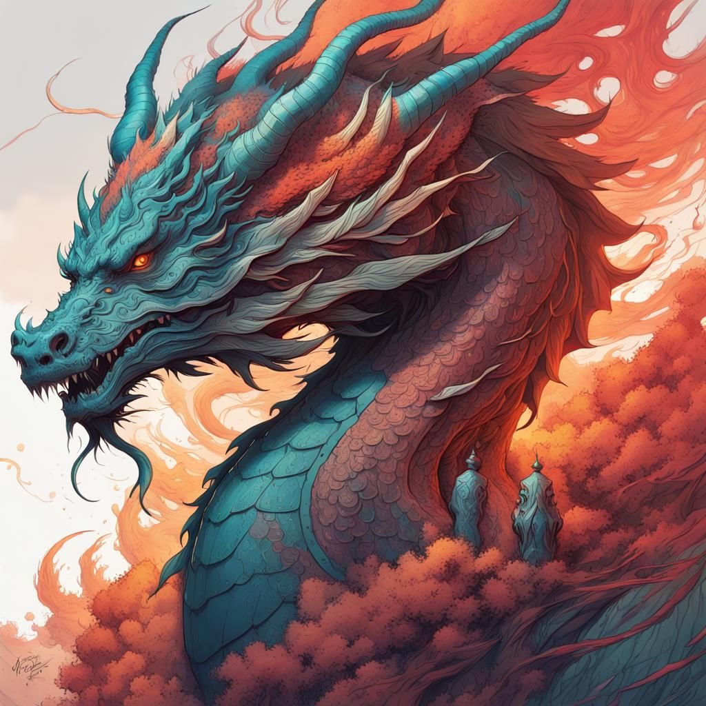 Mythical Dragon Portrait in Ink Illustration Style
