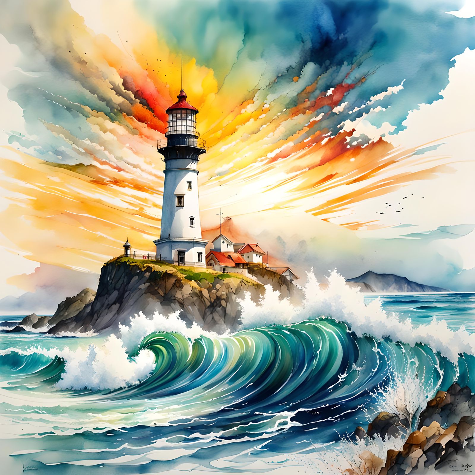 Stylized Watercolor Lighthouse Oceanscape with Great Wave