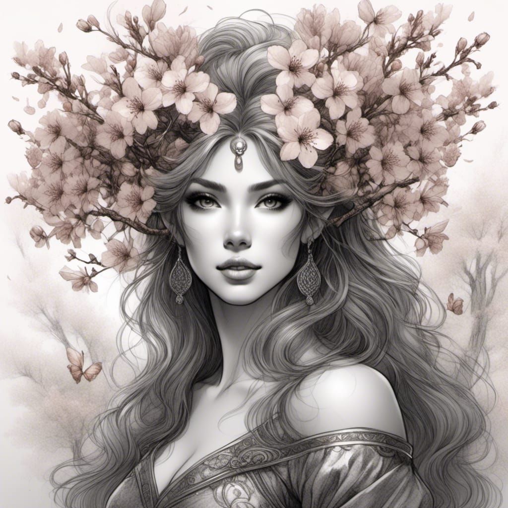 Cherry Blossom Dryad Sketch in Dark Fantasy Style