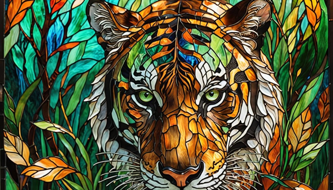 Stained Glass Tiger Art Nouveau Style