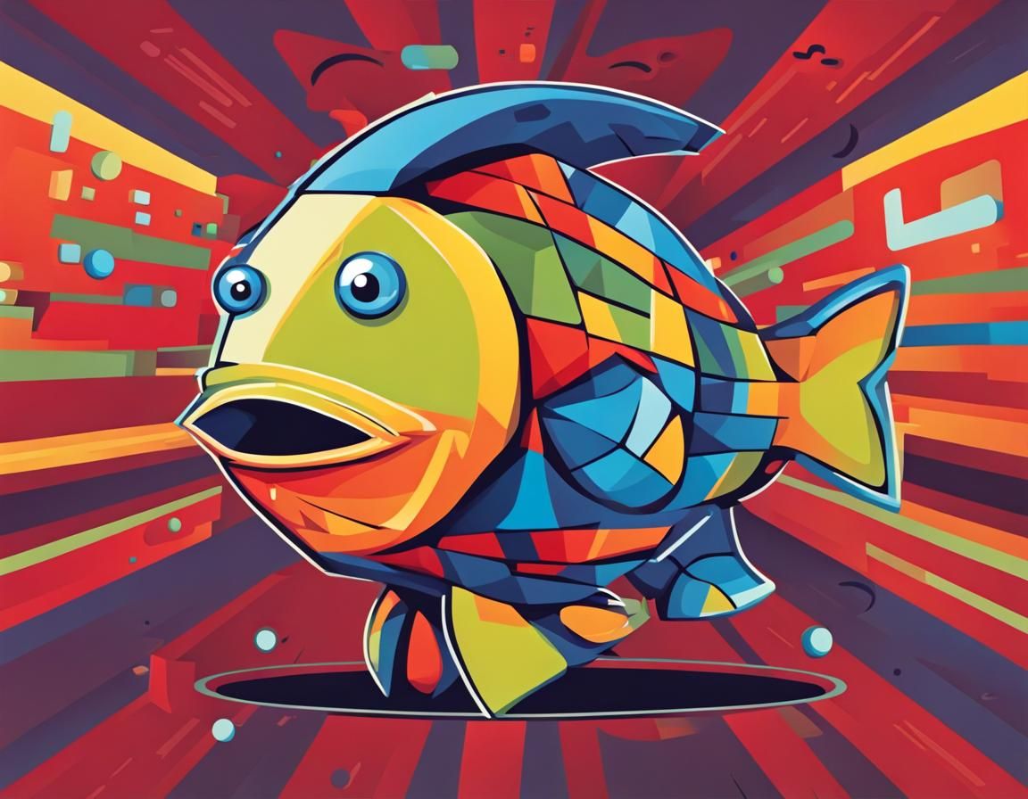 Cubist Alien Fish Cartoon with Bright Colors