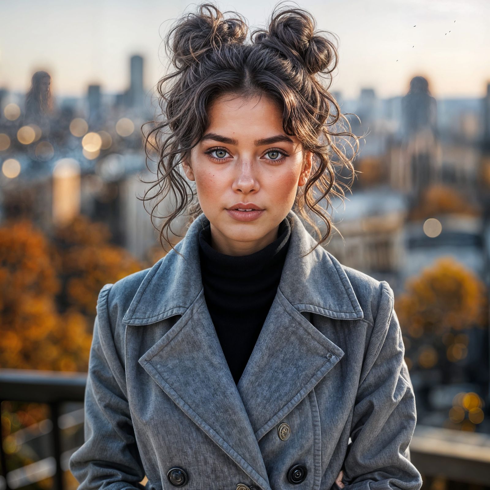 Serious Brunette Poses in Autumn Cityscape, Vintage Photo