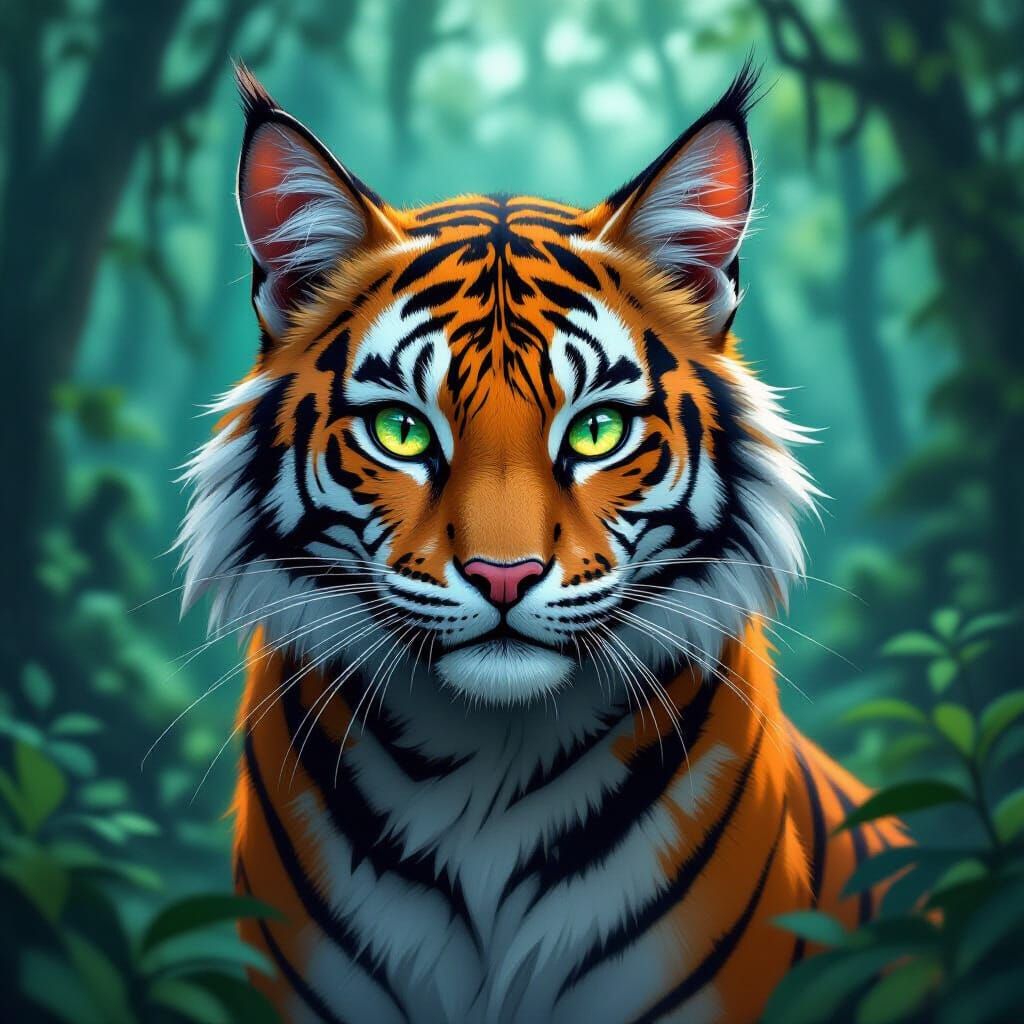 Mystical Tiger-Cat Hybrid in Digital Fantasy Style