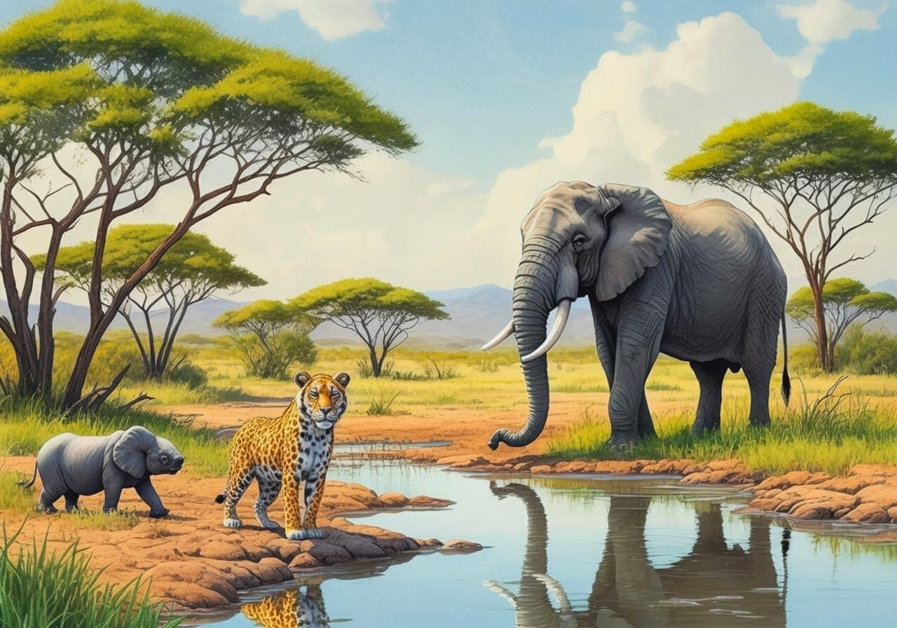 Savannah Wildlife Scene in Watercolor