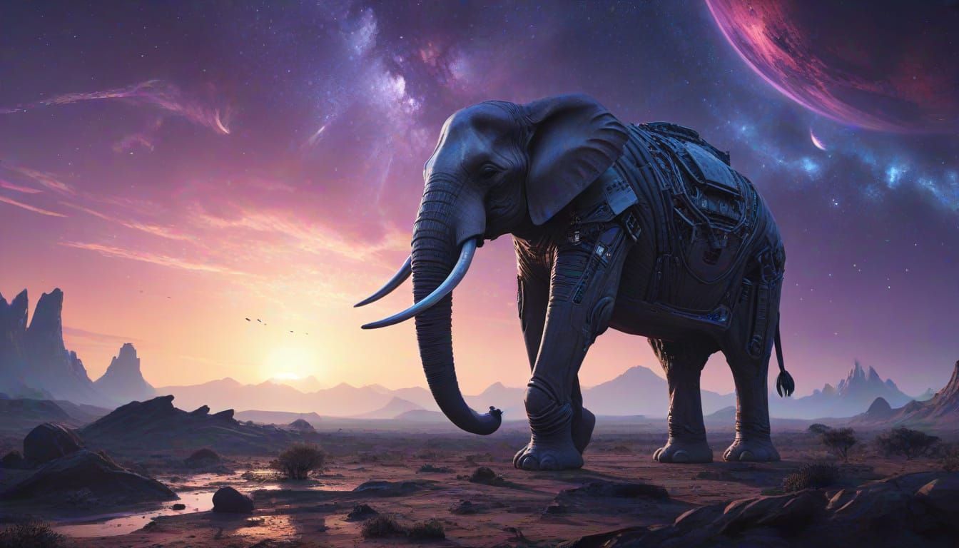 Chrome Elephant on Alien Planet in Nebula Sky