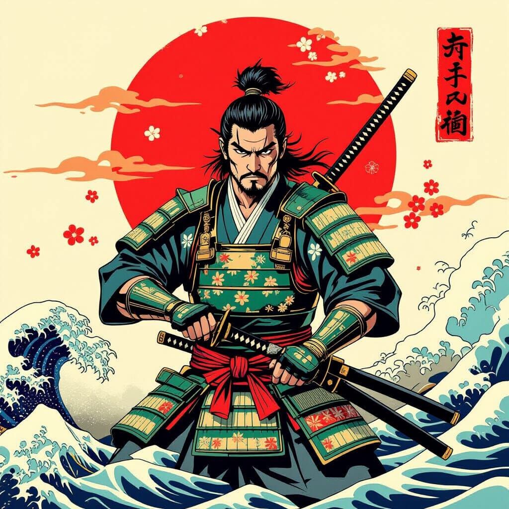 Samurai with Katana in Ukiyo-e Tattoo Art Style