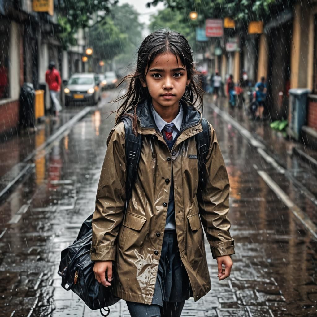 A Cute Girl Walks Home in Rainy Weather