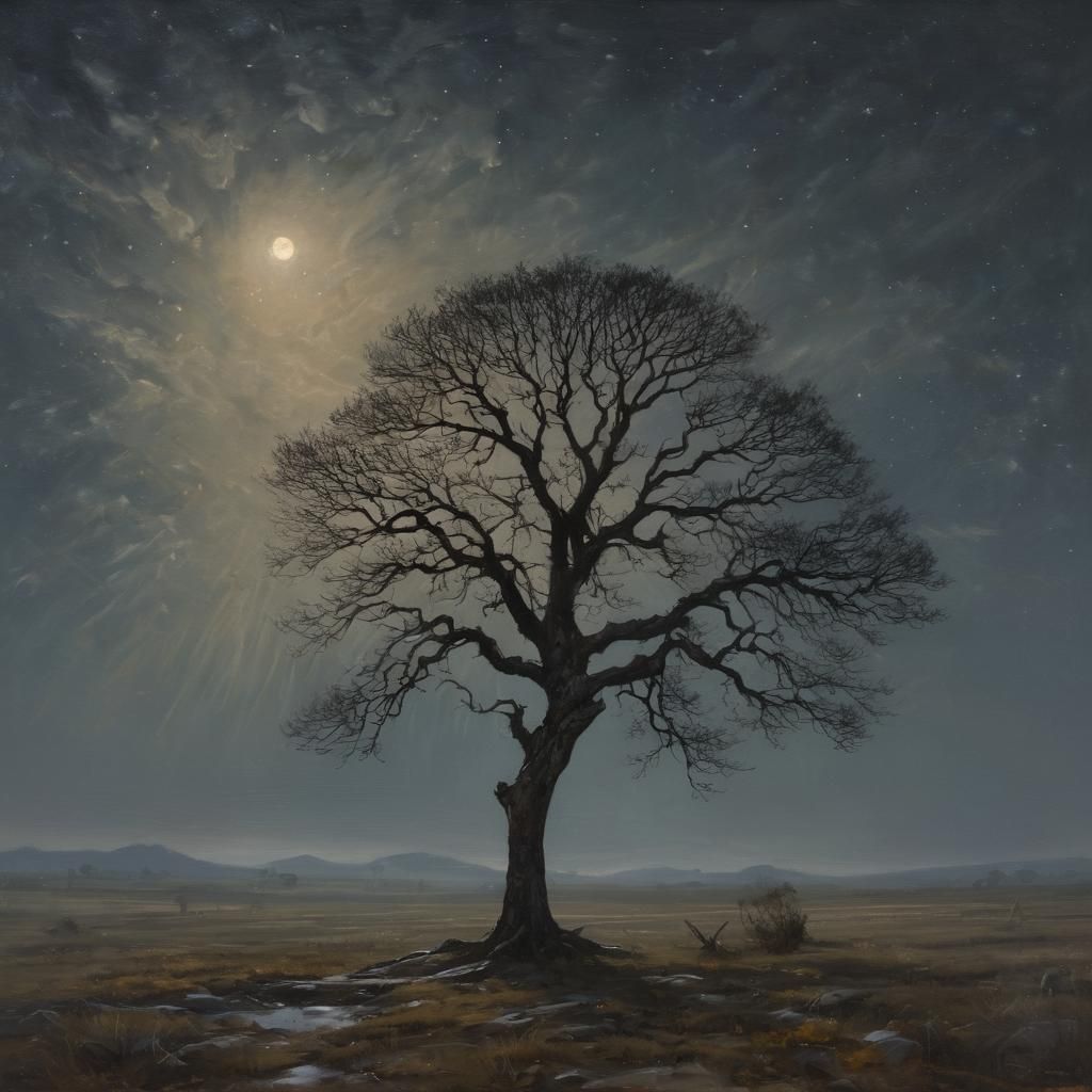 Moonlit Tree in Oil Painting Landscape