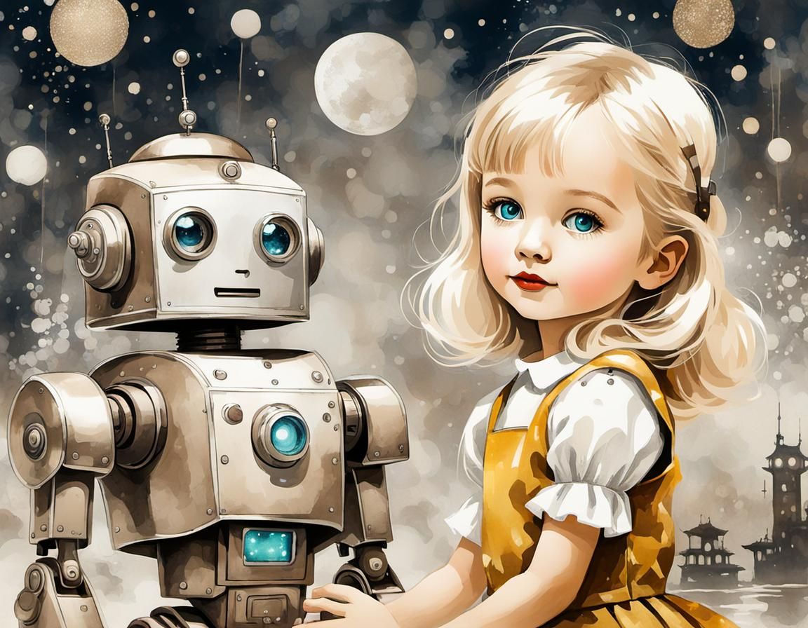 Girl and Robot in Sumi-e Style