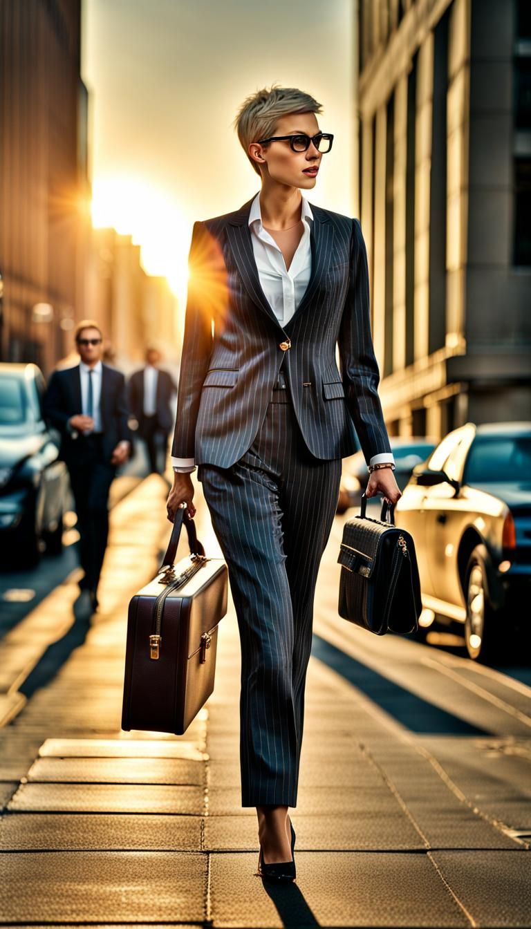 Businesswoman in Pinstripes at Sunset