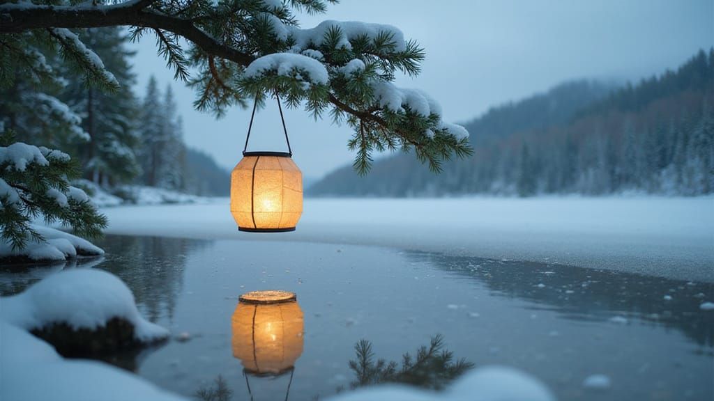 Snowy Mountain Lake with Lantern in Miyazaki Style