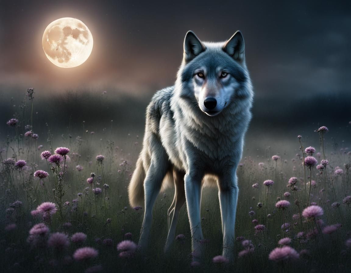 Wolf Howling at Moon in Flower Meadow