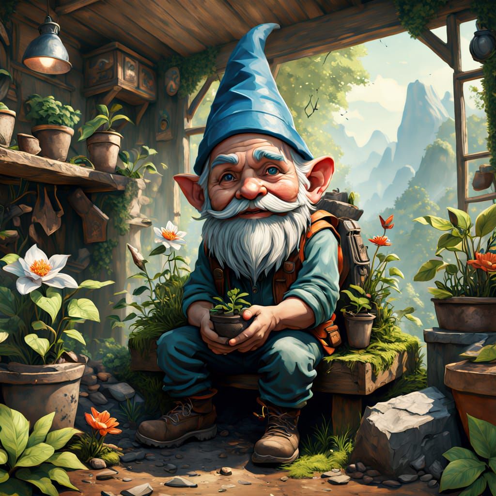 Chibi Gnome Tending Garden in Whimsical Cottage