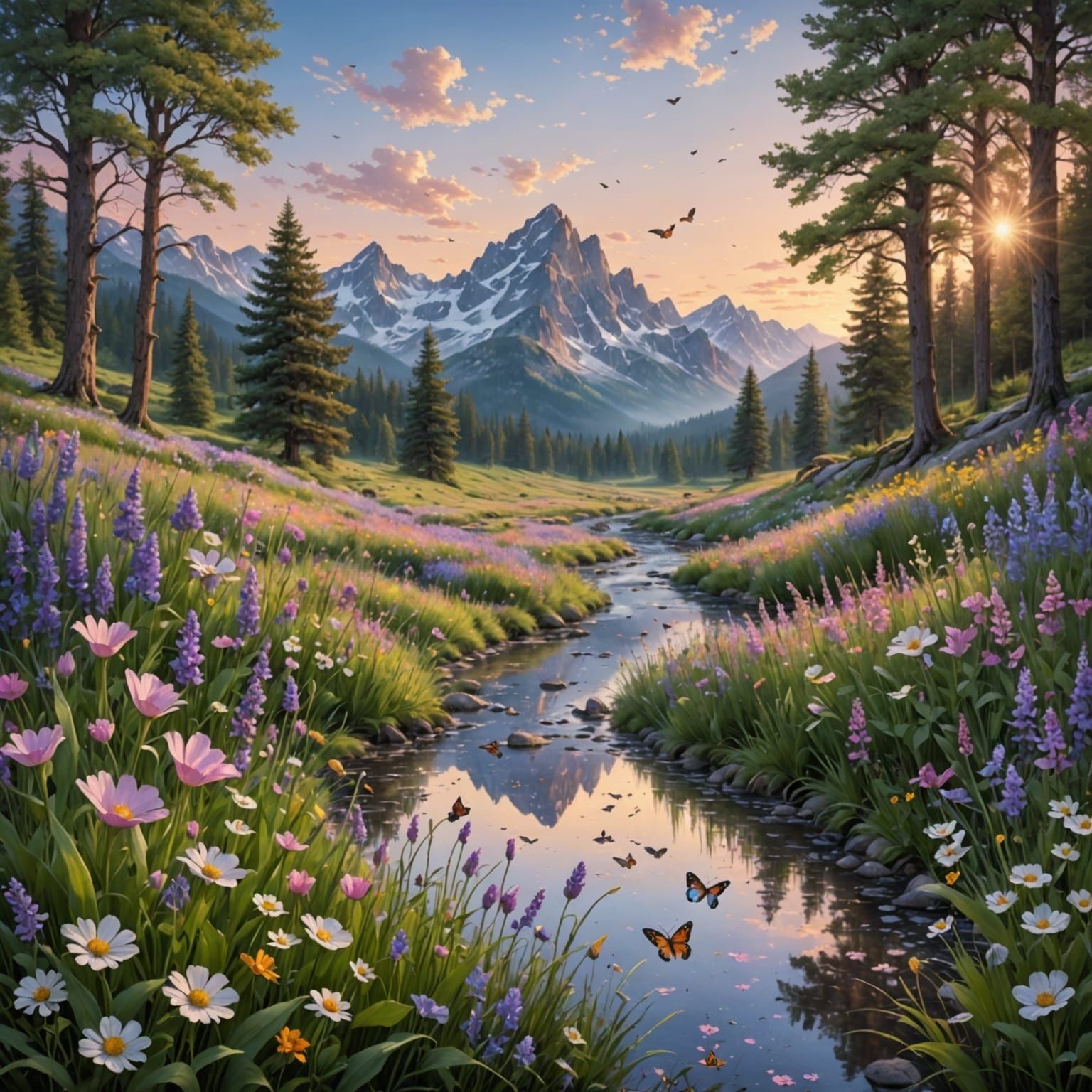 Dreamy Whimsical Meadow at Dawn with Delicate Wildflowers