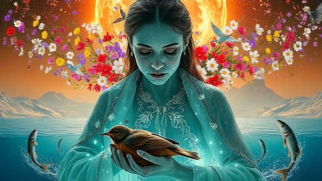 Shaman in Bioluminescent Oasis with Cosmic Energy