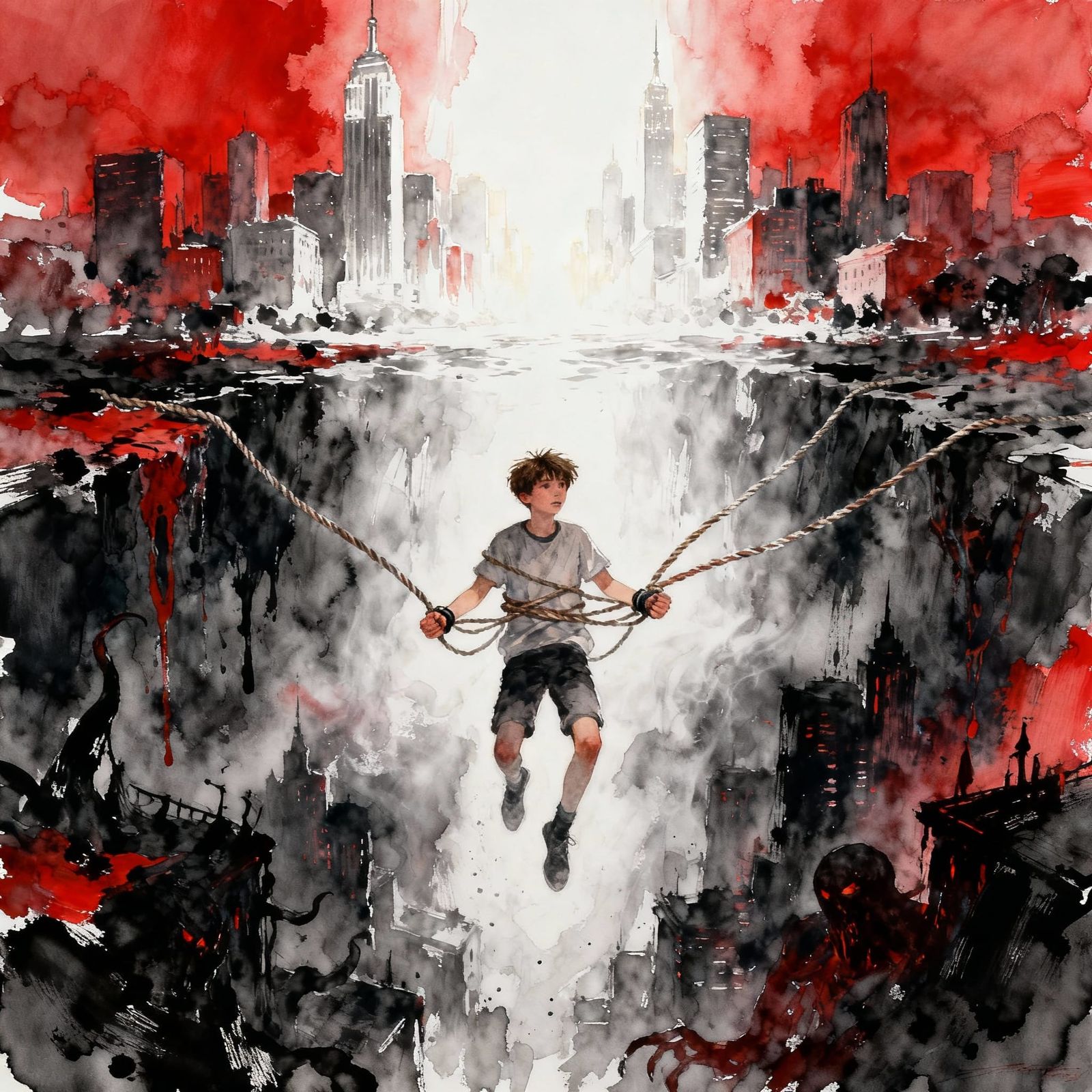 Teen Boy Falls Into Evil City in Watercolor Style