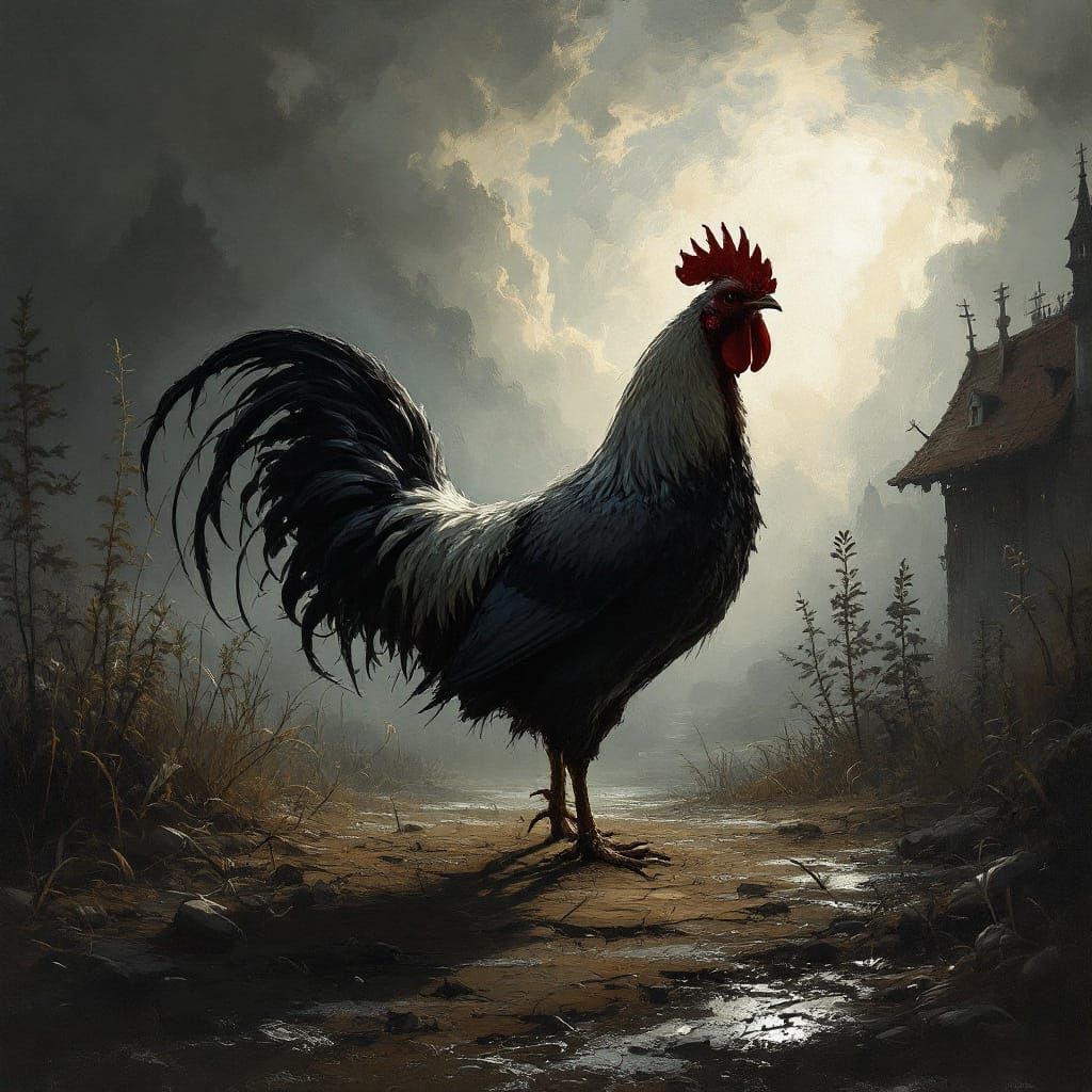 Rooster in Barnyard: Romantic Landscape Painting