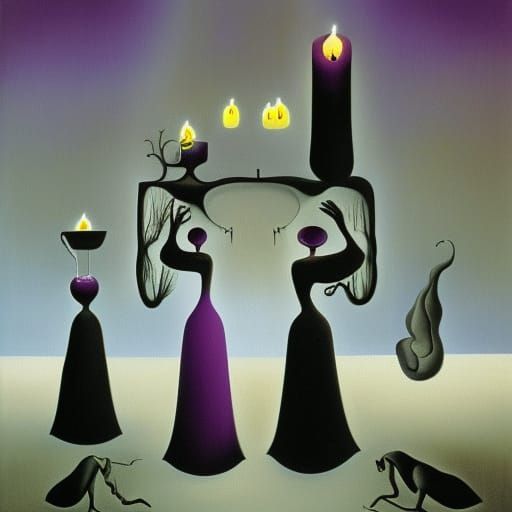 Surreal Horror Storybook Illustration of Ghosts and Candles
