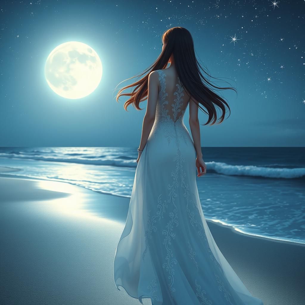 Woman on Starry Beach: 3D Anime Art