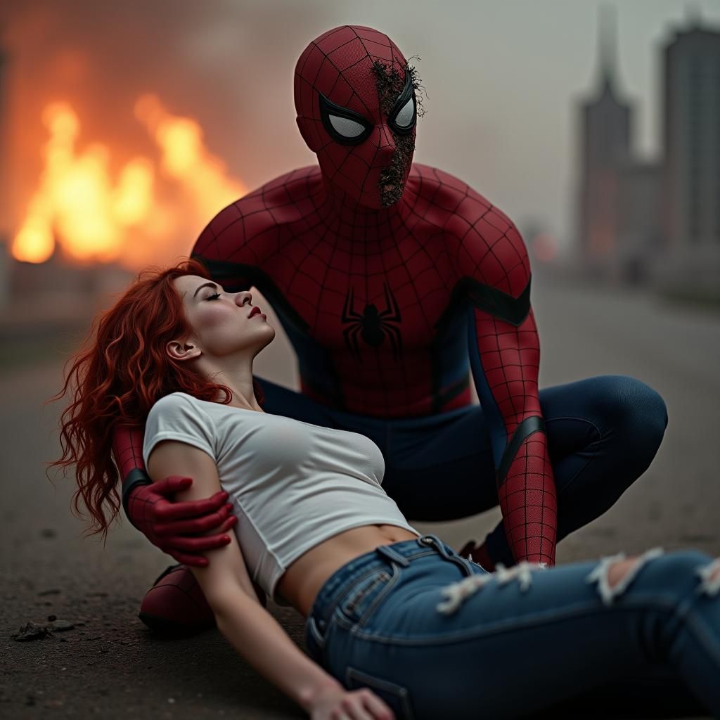 Gritty Spiderman Mourning Loss in a Dark, Cinematic Scene