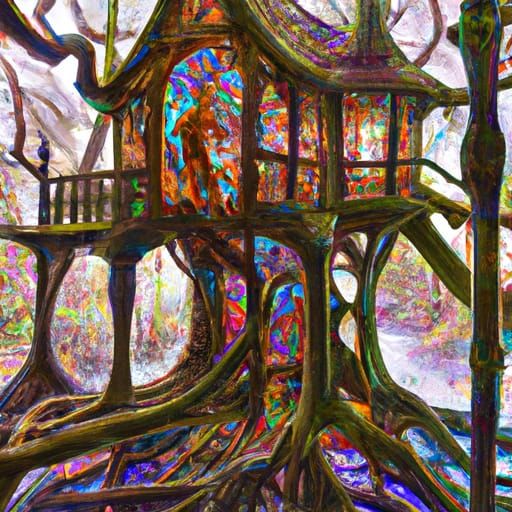 Borealis Stained Glass Treehouse in Ultrarealism Style