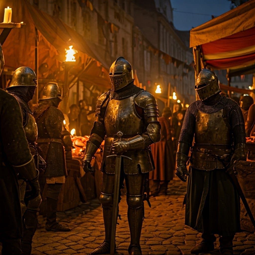 Medieval Knights in a Bustling Market Scene