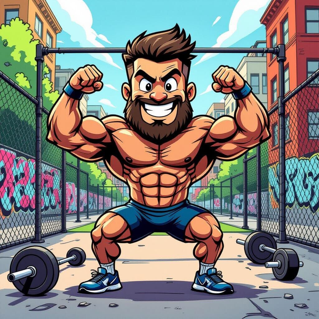 Muscular Cartoon Athlete Flexes on Urban Street
