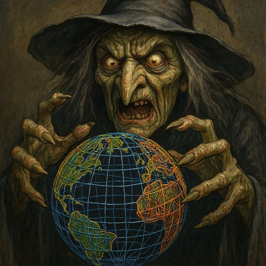 Wireframe Earth Globe Held by Witch