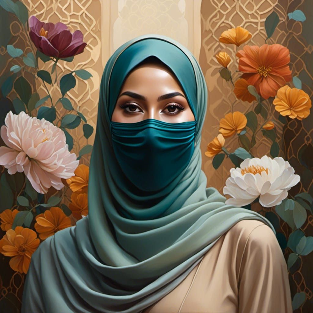 Indonesian Woman with Hijab in Oil Painting Style
