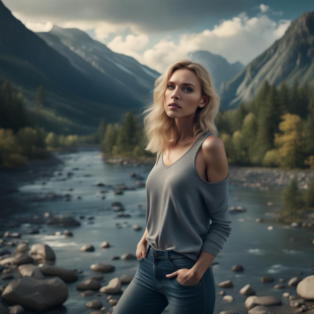 Blonde Woman by Mountain River: Digital Matte Painting