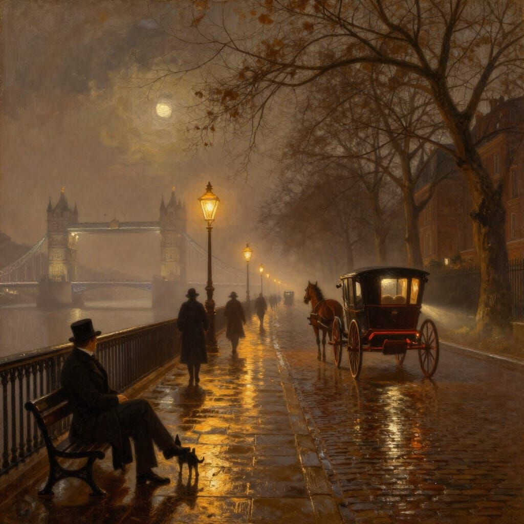 Nocturnal Thames Embankment Oil Painting