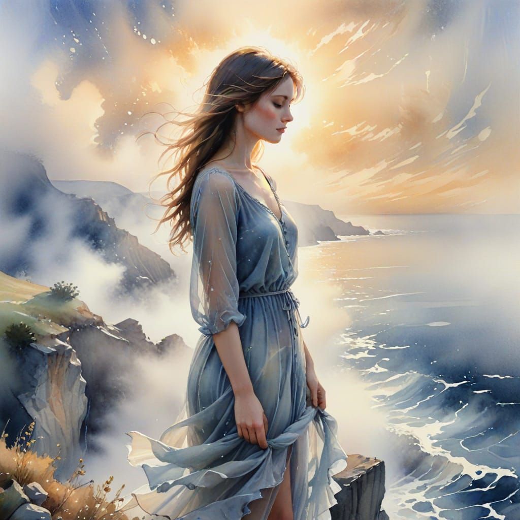 Ethereal Watercolor Woman on Cliff Overlooking Foggy Ocean