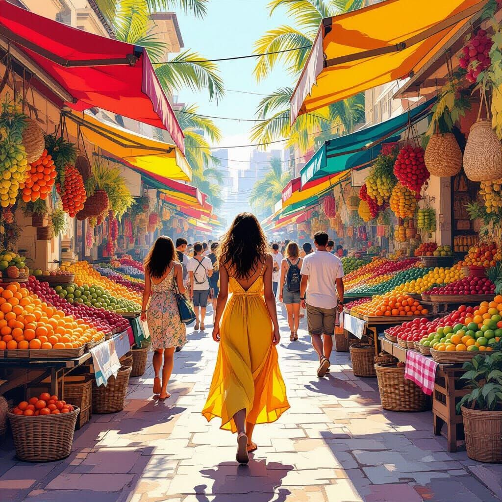 Vibrant Marketplace Scene with Woman in Yellow Dress