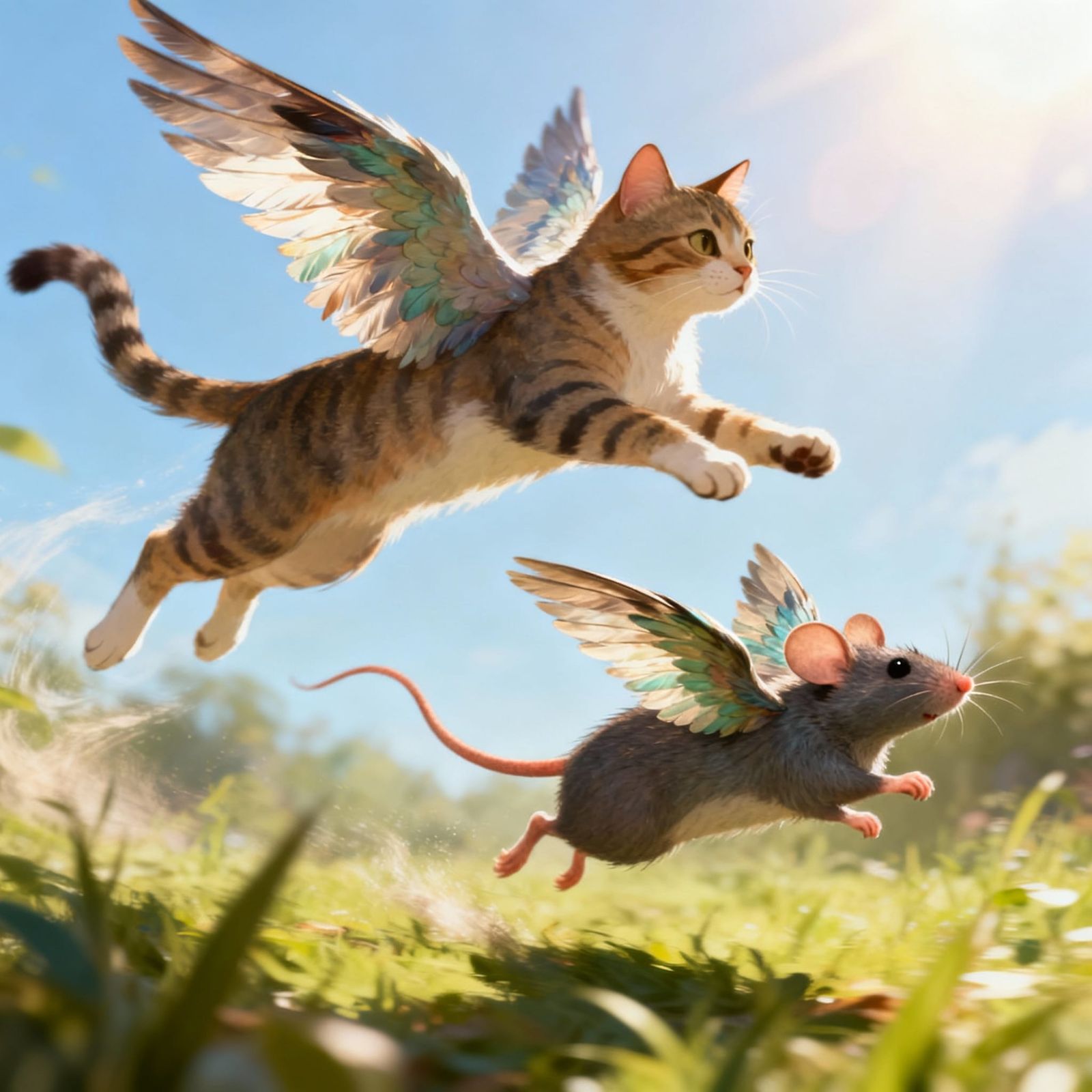 Winged Cat Flees Flying Mouse in Fantasy Chase