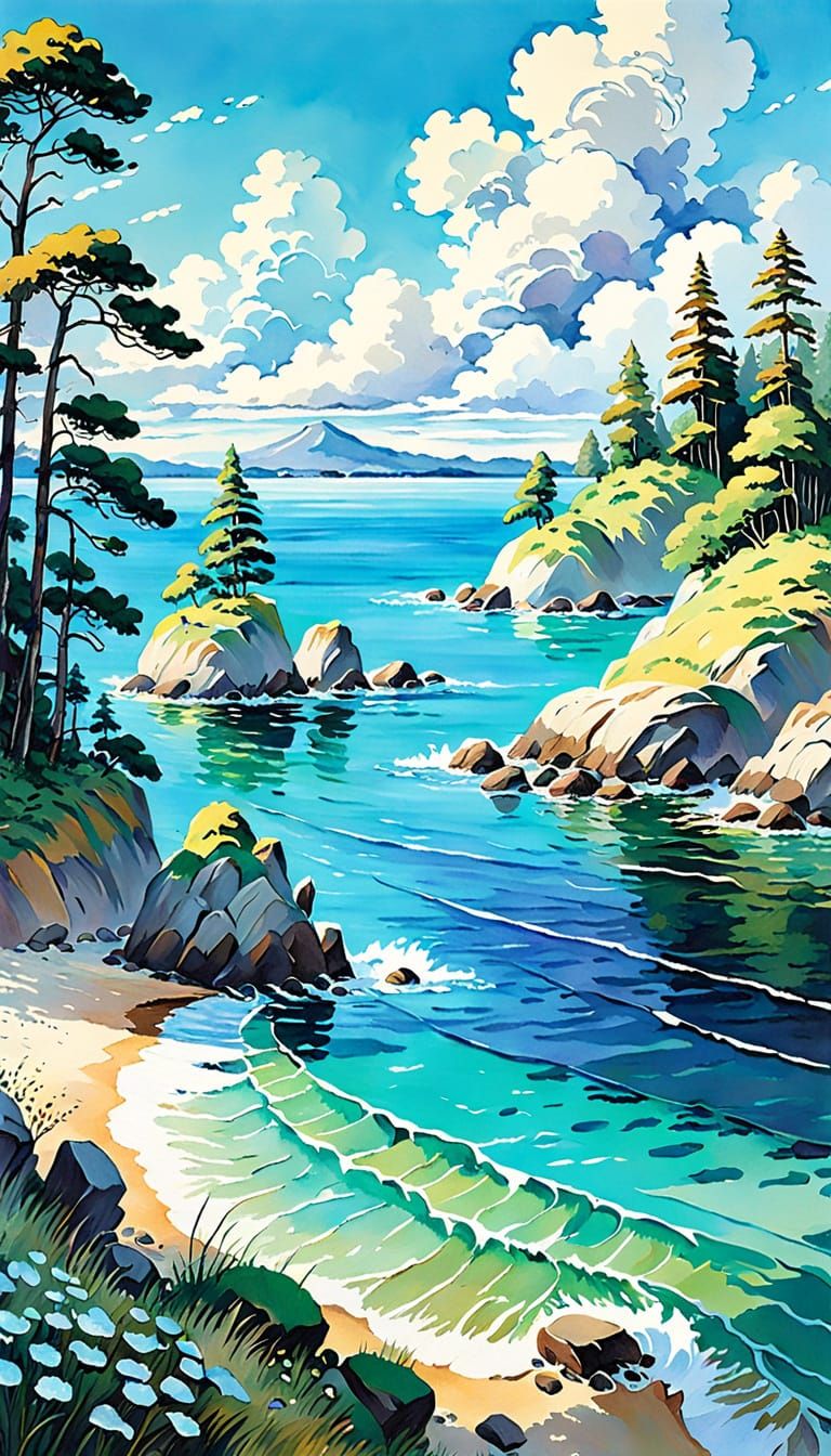 Impressionist Beach Scene with Gentle Waves and Puffy Clouds