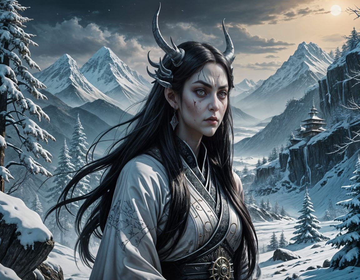 Surreal Japanese Snow Demon Goddess in Ethereal Beauty