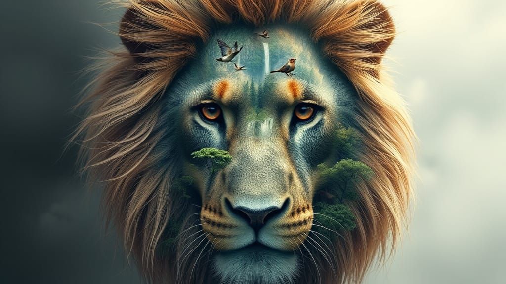 Lion Double Exposure: Forest and Waterfall Inside