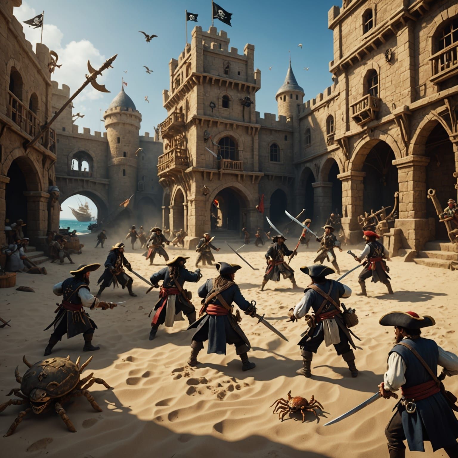 Crab Pirates Attack Sandcastle in Detailed Digital Painting