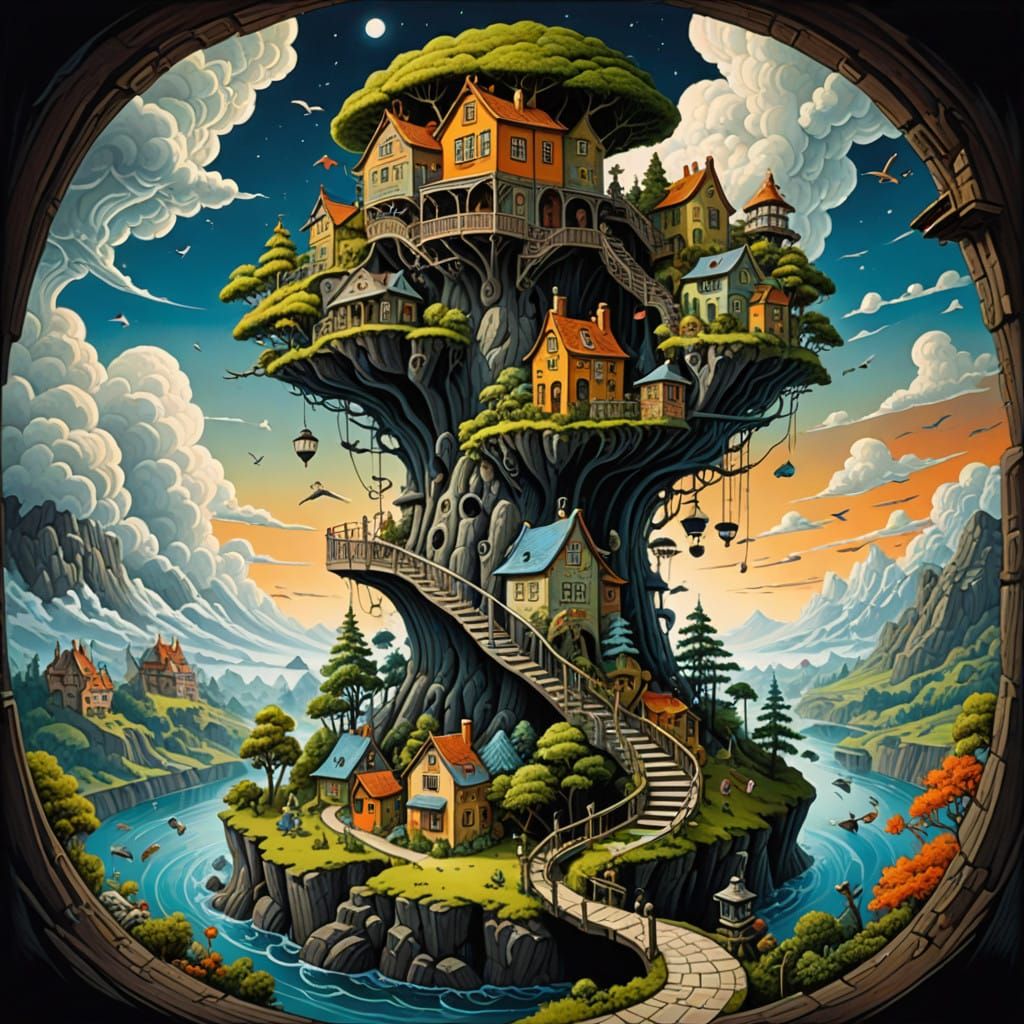 Surreal Escher Village in Impossible Architecture Style