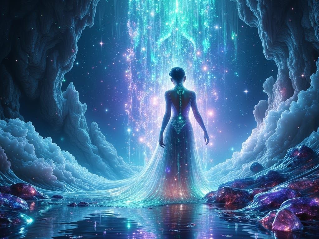 Ethereal Woman in Cosmic Ocean, Hyperreal Style