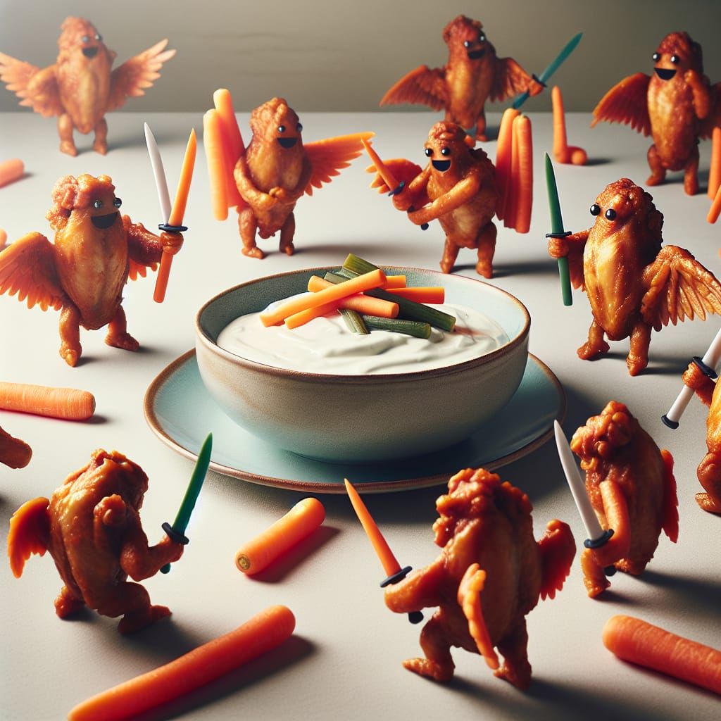 Humorous Chicken Wing Food Fight on Plate