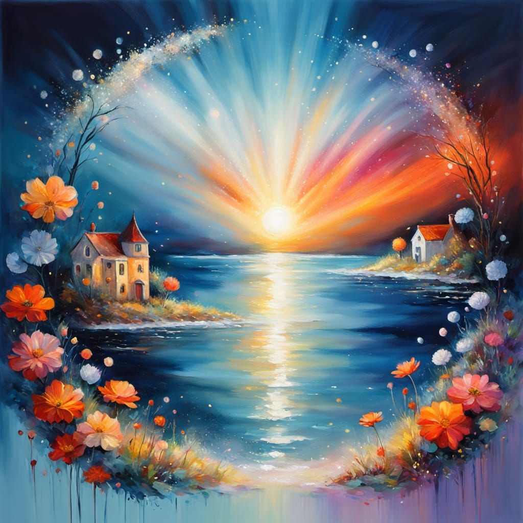 Impressionist Seaside House with Magical Lights