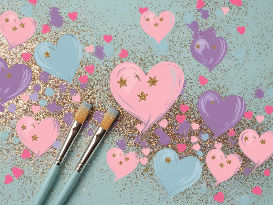 Pastel Whimsy with Paint Splatters and Glittering Hearts