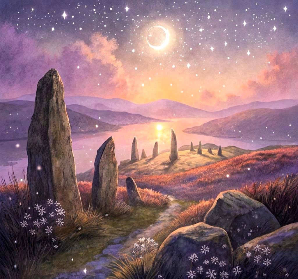 Mystical Stone Circle in Moonlight: Ethereal Illustration